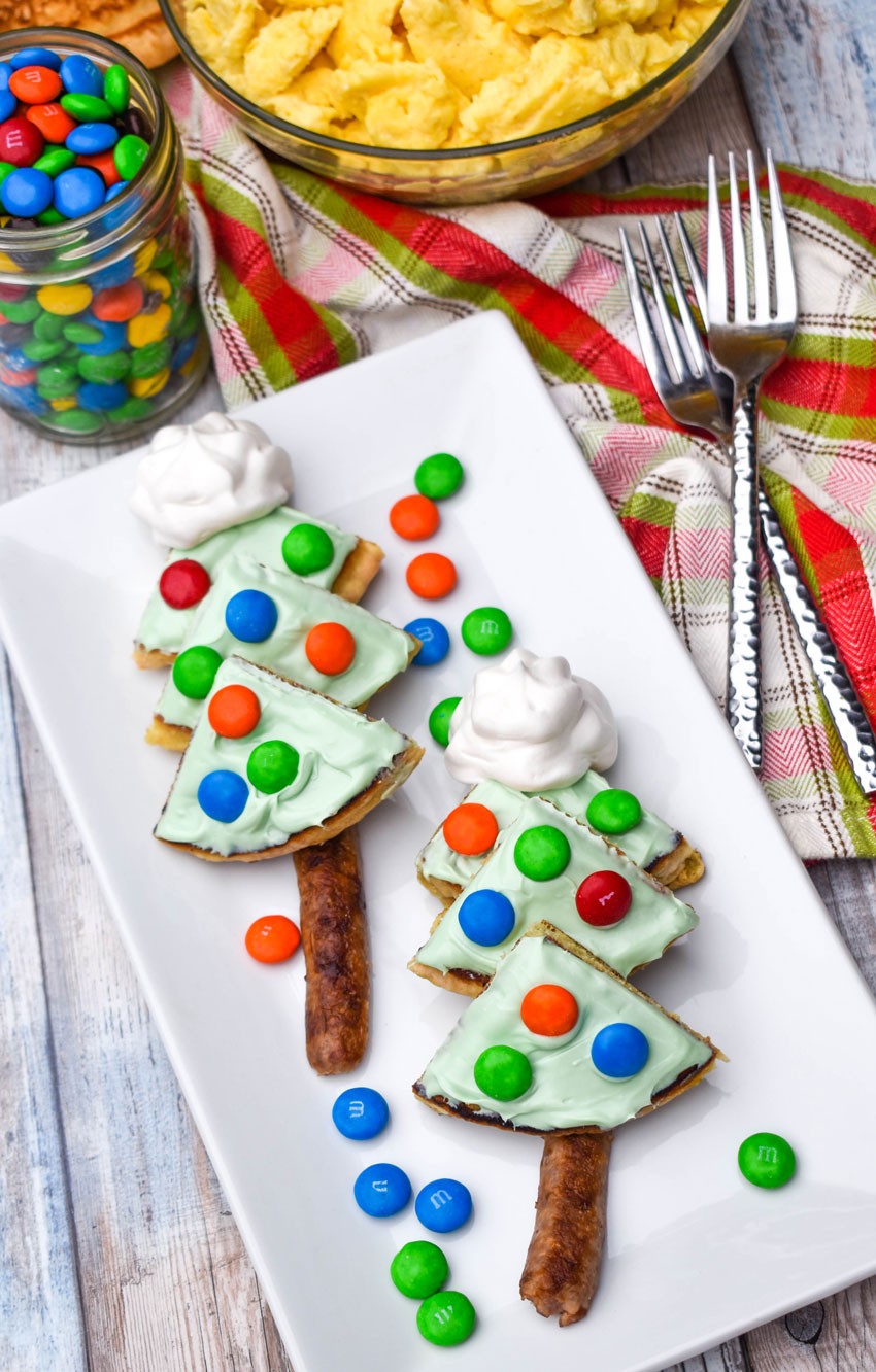 christmas tree pancakes on a white platter