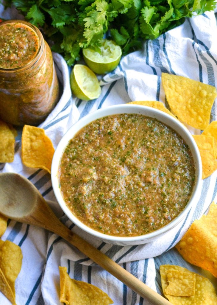 smoked salsa served in a white bowl with crisp tortilla chips around it