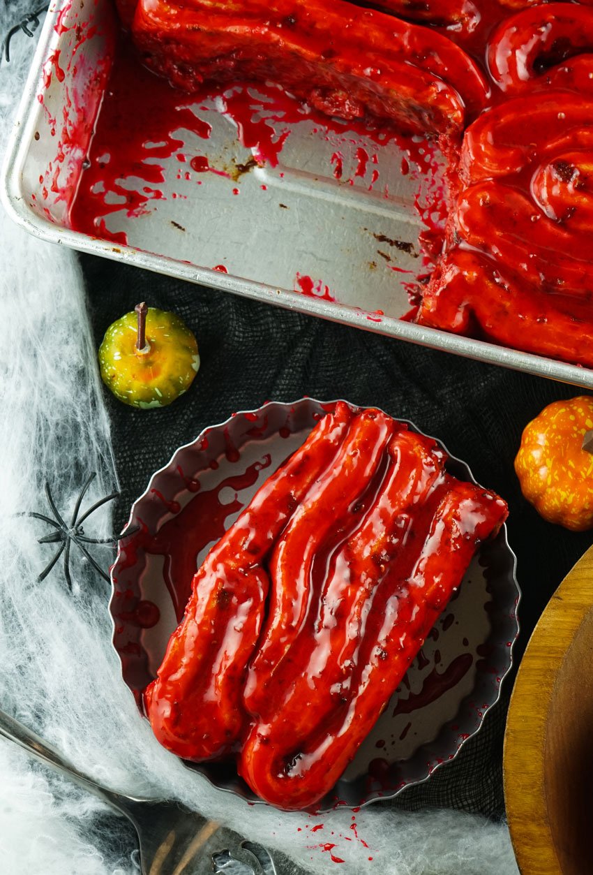 blood & guts cinnamon rolls served on a silver platter
