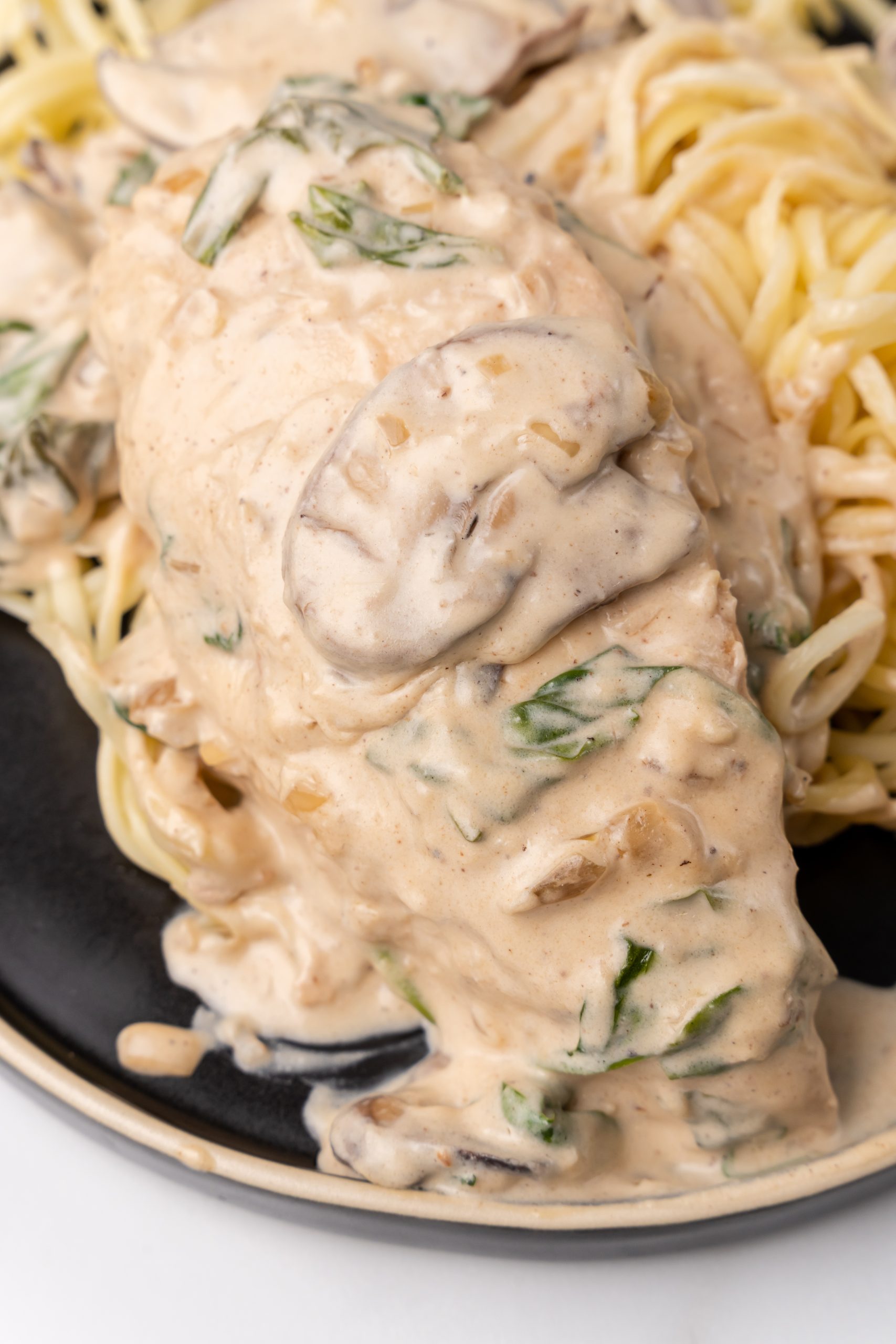 champagne chicken over cooked pasta on a black plate