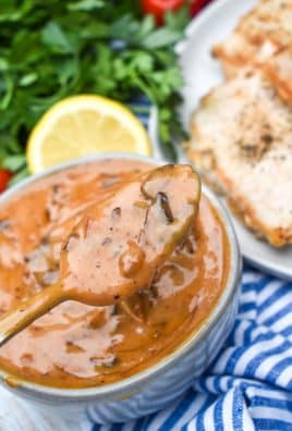 a silver spoon holding up a scoop of Taziki's tomato chutney above a small gray bowl