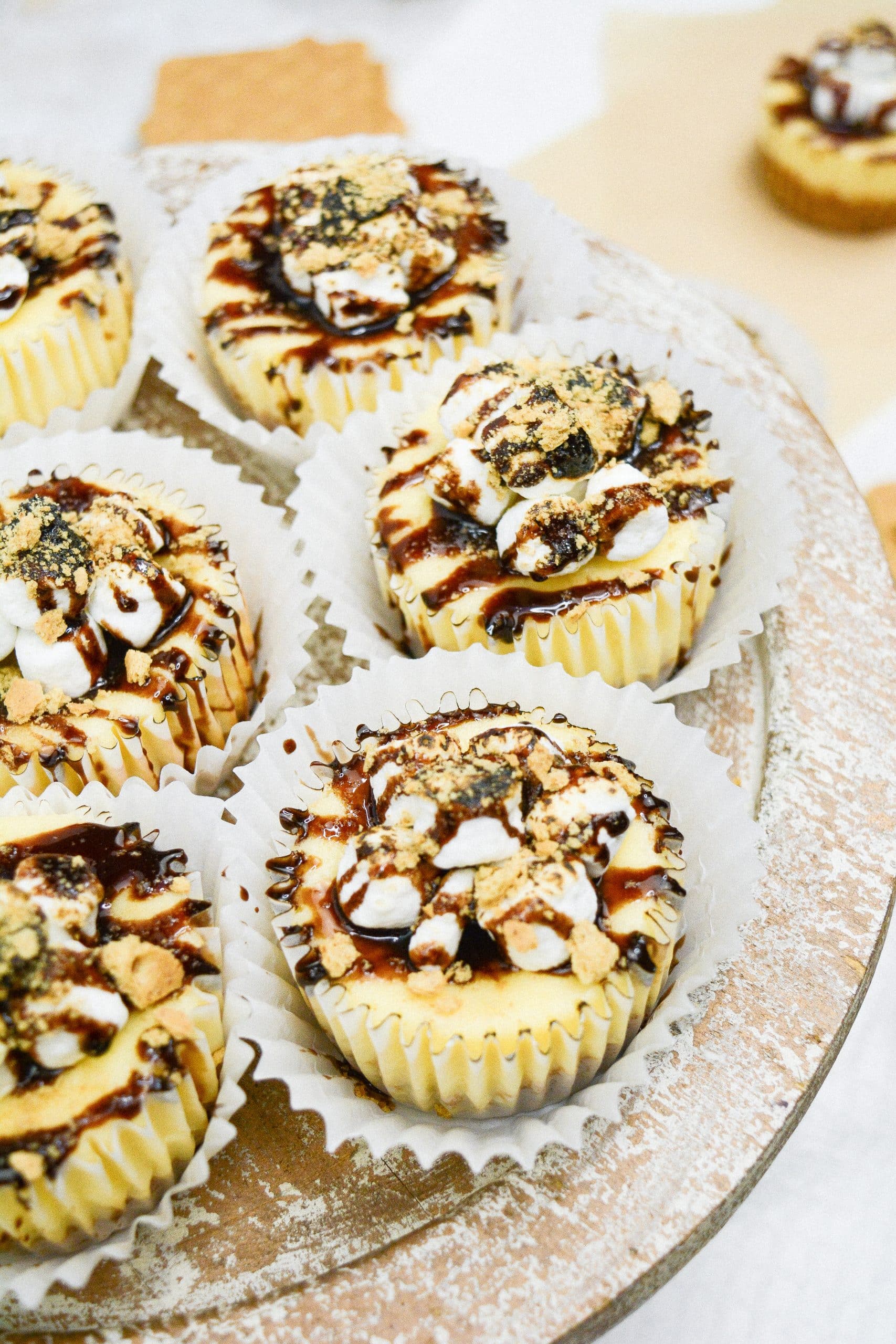 Mini s'mores cheesecakes on a wooden cake stand