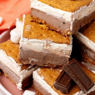 frozen s'mores stacked on a small dessert plate